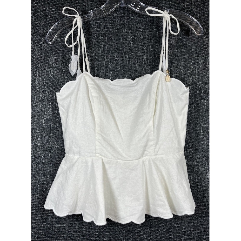 NWT HOUSE of HARLOW 1960 Sz 6 Top White Linen Blend Peplum Tank Seashell Tie New